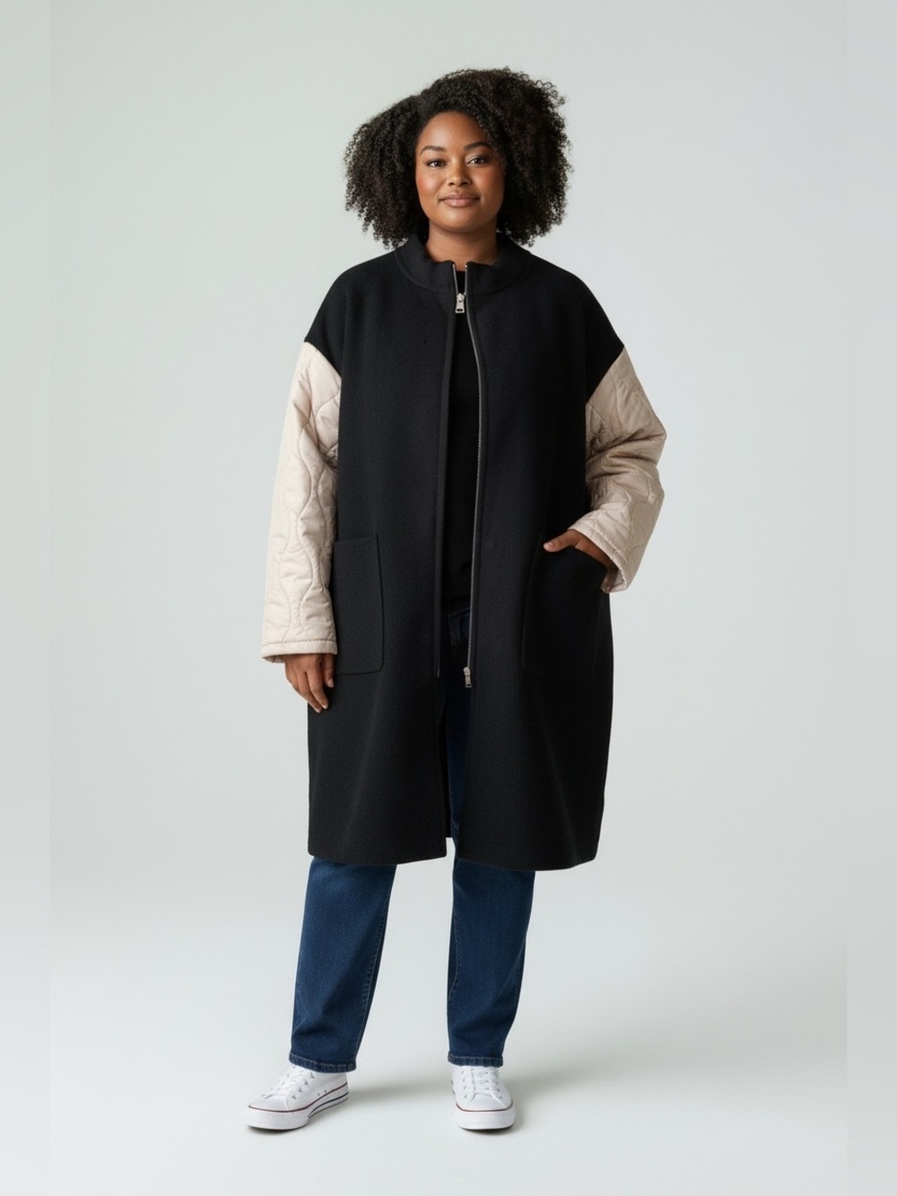 Strazzi Stylish Long Black Sweater with Zipper and Quilted Long Sleeves | NWT